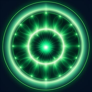 Vibrant green energy mandala with mesmerizing concentric circles perfect for spiritual designs and new age promotions, radiating peace and harmony, modern aesthetic