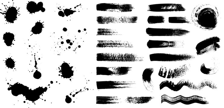 Set of paint brush, ink splatter, stains and paint stroke. Collection of grunge brush strokes and splash of paint. Artistic textures. Dirty design elements, backgrounds. Kit of black ink paintbrush