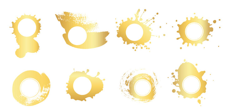 Golden ink splatter and strokes with place box for text, paint brush with frame. Artistic textures collection for card banner label. Set of grunge paintbrush strokes paint splash Gold design element