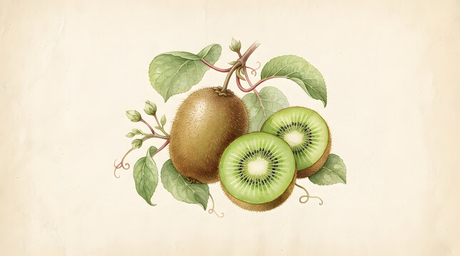 Vintage botanical watercolor illustration of a whole kiwi fruit and cross-section slices with green leaves and vine buds on a textured paper background