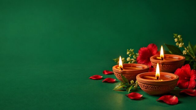 Glowing clay oil lamps with red petals on vibrant green background honoring Bangladesh Victory Day with copy space