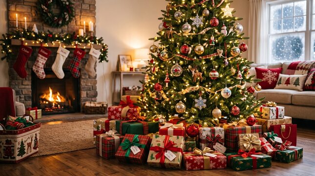 Festive Christmas Living Room with Decorated Tree, Fireplace and Wrapped Gifts