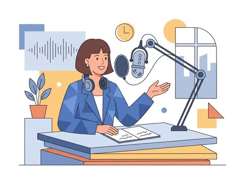 Illustration of a podcast presenter speaking into a professional studio microphone with headphones, desk, script, and broadcast workspace.