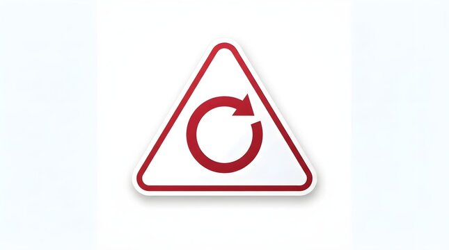 Red circular reload arrow symbol inside warning triangle featuring bold outlines against clean white background creating minimalist graphic design layout for digital media