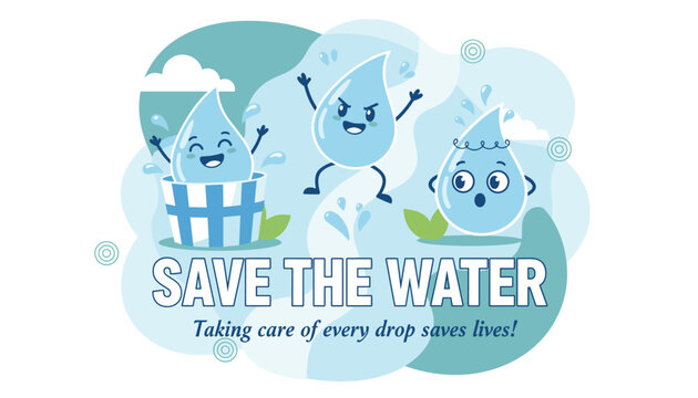 Playful cartoon water drops with happy and angry expressions urging to save water and take care of every drop for the planet.