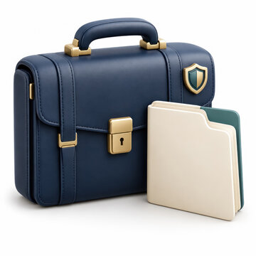 Navy leather briefcase with gold hardware and shield emblem stands beside cream and teal document folders on a white background.