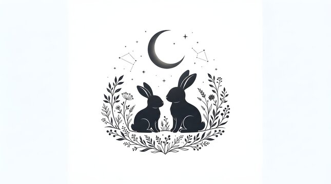 Celestial rabbits sitting under crescent moon and twinkling stars surrounded by decorative floral botanical wreath illustration design element on isolated white background