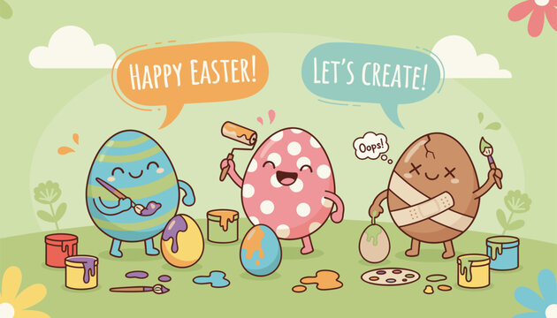 Fun cartoon easter eggs characters painting themselves with bright colors in a green field with flowers for spring celebration.