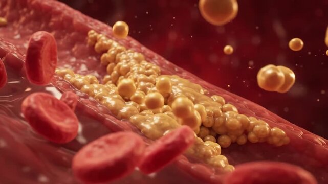 Plaque buildup artery vessel affects blood flow and heart function showing anatomy of cholesterol deposits inside vessel causing potential cardiovascular disease and blockage risk with red blood cell