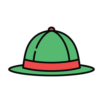 Green pith helmet with red band isolated on white background for