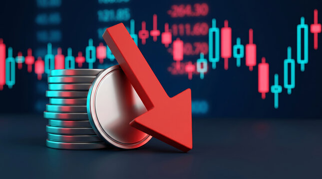 Coins stacked decrease financial chart red arrow. Finance investment recession crisis. money budget saving expense, value reduction down decayed, risk loss