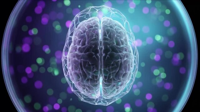 蜘蛛膜下腔に包まれた脳が紫と黄緑に発光し暗視野で拍動平衡を保つCG