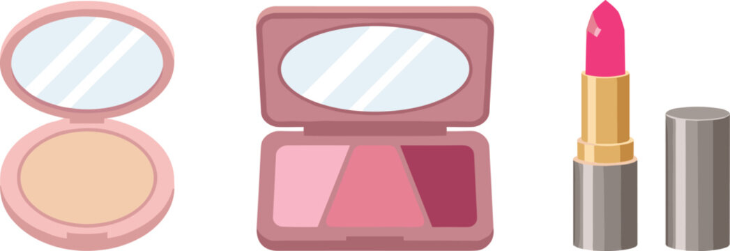 Pink and rose gold makeup vector illustration, compact mirrors, eyeshadow palette and lipstick for beauty branding