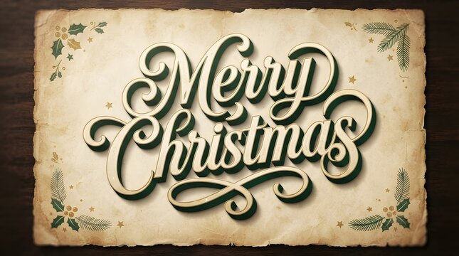 Vintage merry christmas typography on aged paper background with holly and pine branch illustrations