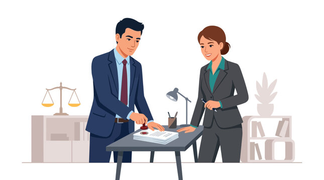 Lawyer and client finalize agreement with notary stamp in modern office, legal document approval