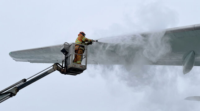 Airport deicing technician standing in a cherry picker boom lift spraying deicing fluid onto an airplane wing. Winter aviation maintenance.