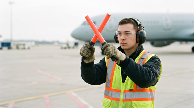 Aircraft marshaller wearing ear defenders and safety glasses holding illuminated signal wands on the airport tarmac to direct a plane. Aviation safety.