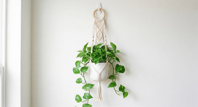 Macrame plant hanger handcrafted with white knotted cotton rope holding potted green plant against neutral wall