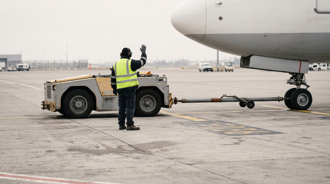 Airport pushback tug operator giving a hand signal to the cockpit while standing next to a tow tractor connected to a plane nose wheel.