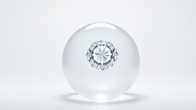 Clear sphere contains brilliant cut diamond. Light reflects, creating subtle shadow. Minimalist studio shot, elegant presentation.