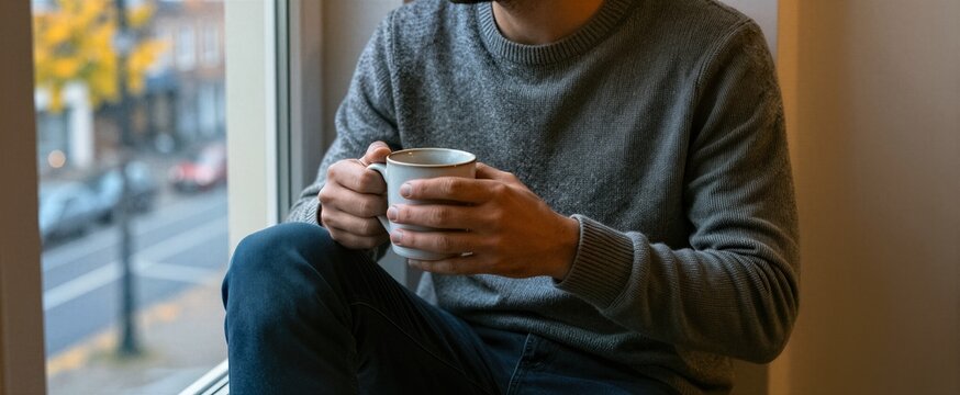 Captures Individual Seated By Window Engaging In Moment Of Quiet Contemplation Relaxation Person Dressed Casual Attire Featuring Gray