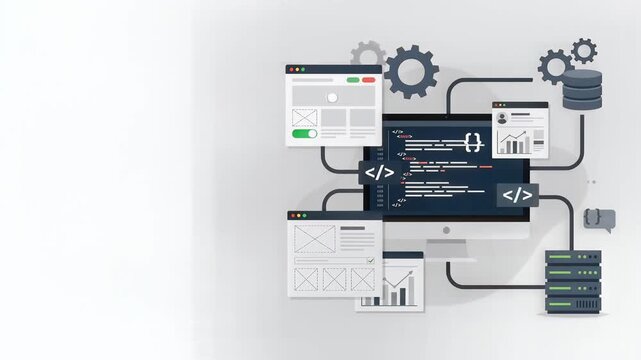 Software Development Workflow Illustration with Data Servers and Code