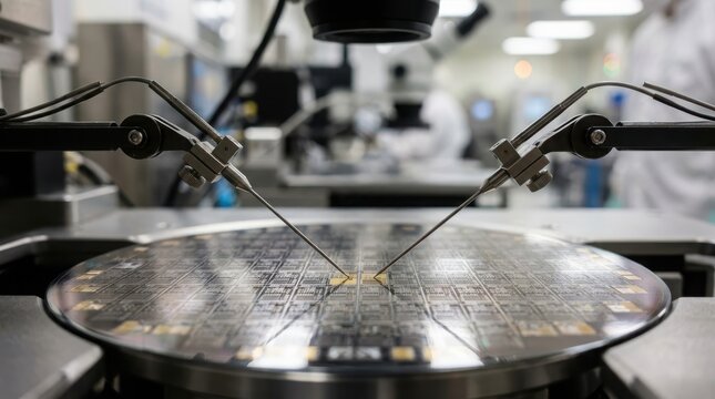 Automated precision semiconductor wafer testing machine with probes scanning a silicon chip in a modern clean room factory facility