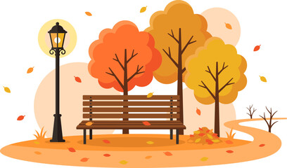Fototapeta premium Autumn Park Scene With Bench Lamp And Falling Leaves autumn, fall, park, season, nature, tree, trees, bench, lamp, lamppost, fallen