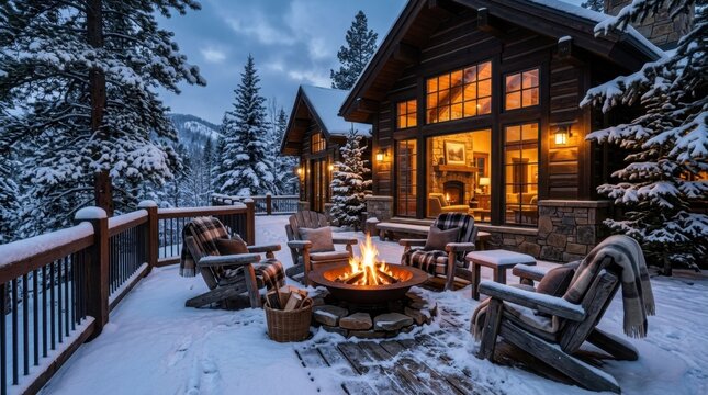 Cozy fire pit on a snow covered deck with chairs outside a rustic cabin in the winter mountains