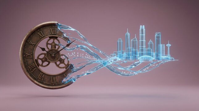 AI generated time evolution concept with antique bronze clock transforming into a digital blue wireframe metropolis.