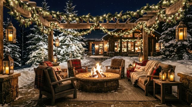 Cozy outdoor fire pit area on a snowy evening with festive lights and warm blankets perfect for winter holidays