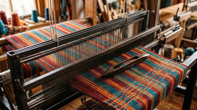 Close up view of a traditional wooden loom weaving colorful fabric in a rustic craft workshop