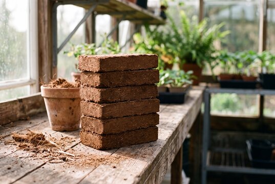 Stack of compressed coconut coir bricks on a wooden potting bench in a sunny greenhouse, representing sustainable organic gardening and eco-friendly peat moss alternative for seedling cultivation.