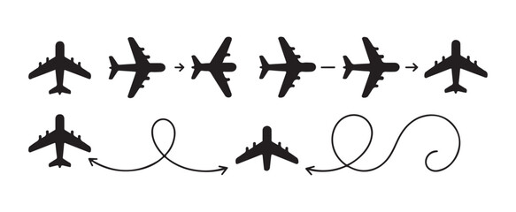 Fototapeta premium Aeroplane silhouette travel route vectors displaying multiple flight path options on grid background.