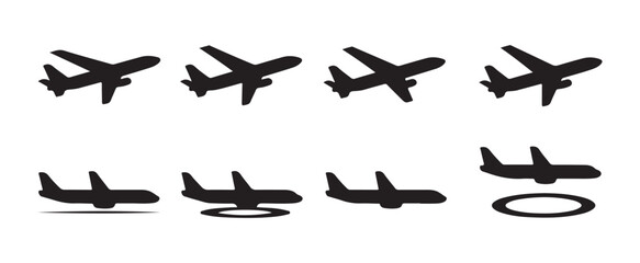 Fototapeta premium Passenger airplane silhouette collection presenting diverse flying and landing angles for visual projects.