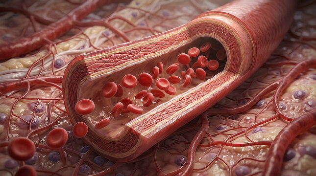 detailed medical illustration of a blood vessel with red blood cells flowing through a cross section showing vessel wall