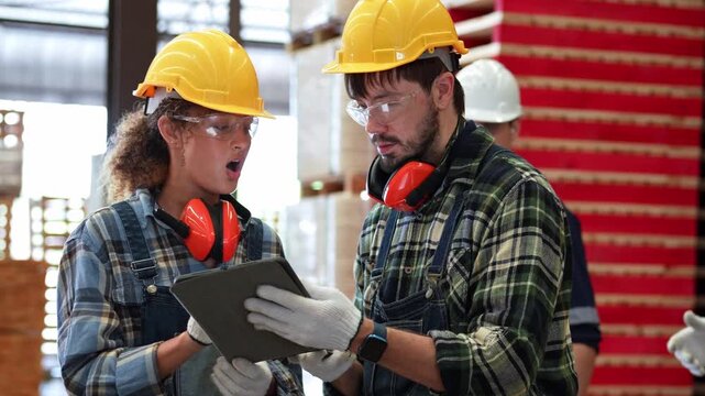 A team inspects inventory inside a warehouse, discussing logistics data on a tablet. This scene reflects collaboration, diligence, and productivity in a modern distribution center environment.