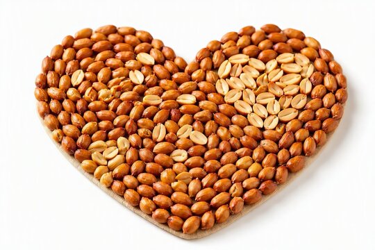 Traditionally roasted peanuts arranged in a heart shape to convey romance, set against a white background