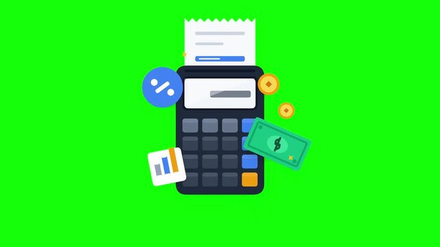 A digital payment terminal processes a financial receipt while various currency icons and analytical charts float around the device to represent comprehensive commercial accounting and banking