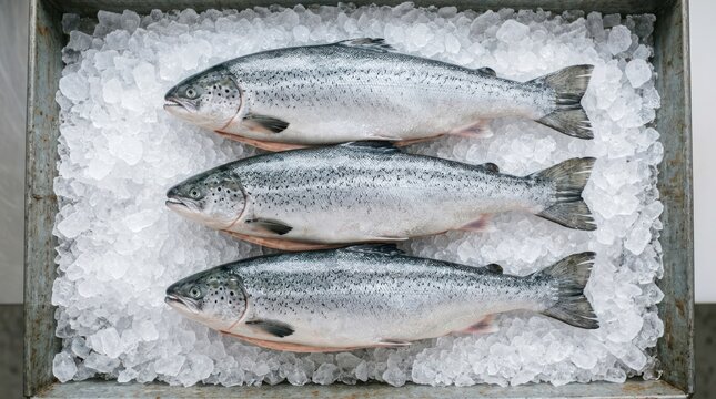 Three fresh whole salmon fish lying on a bed of cold crushed ice for sale at a fish market