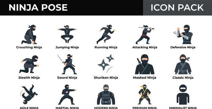 Ninja pose icon pack, 15 black shinobi warrior vector elements, martial arts fighter silhouettes in various action stances