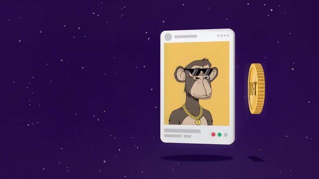 NFT Ape Character with Rotating Gold Coin Vector Illustration