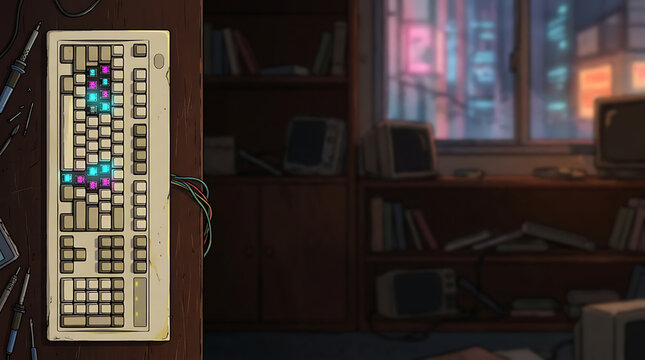 Cozy retro workspace with vintage computer keyboard and glowing keys in front of a window overlooking a futuristic cyberpunk city