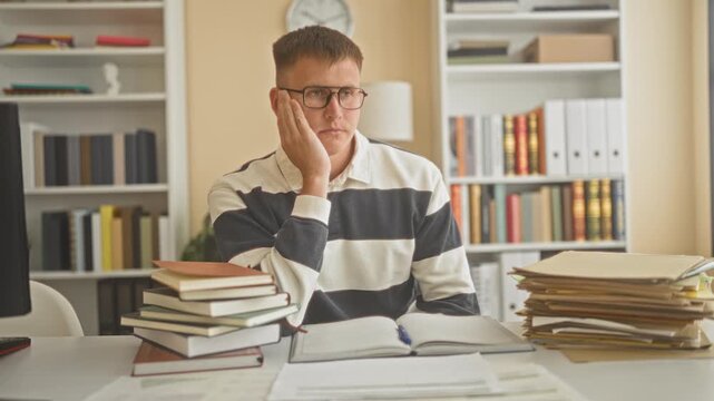 Man with hand on cheek, eyes closed, surrounded by stacks of books and folders in study; tired concentration.