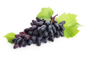 Fototapeta premium Bunch of fresh ripe grapes with green leaves isolated on white