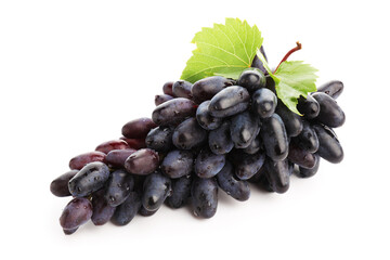 Fototapeta premium Bunch of fresh ripe grapes with green leaves isolated on white
