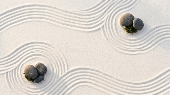 raked white sand with zen pebbles and moss in Japanese rock garden copy space