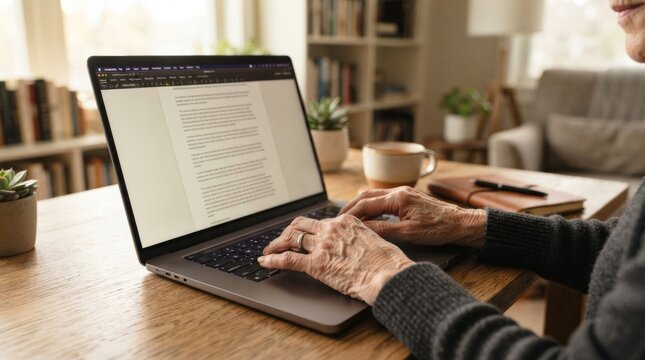 Senior woman hands typing on laptop at wooden table in bright home office. Older adult using word processor document over coffee. Lifelong learning and digital literacy for seniors.