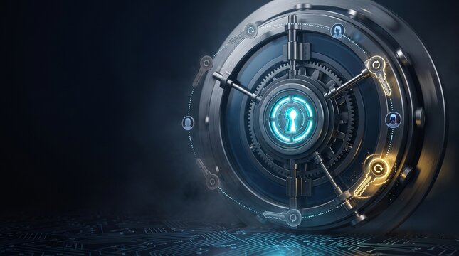 Cyber security vault door illustration. Glowing digital lock mechanism and futuristic portal interface. High tech protection and data privacy concept for digital asset storage.