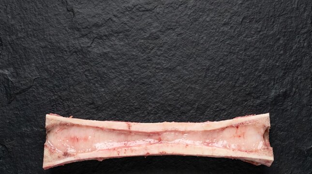 Raw split beef bone marrow on dark basalt rock with copy space
